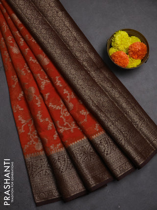 Semi chiniya silk saree orange and brown with allover thread & zari weaves and woven border