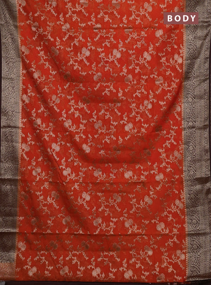 Semi chiniya silk saree orange and brown with allover thread & zari weaves and woven border