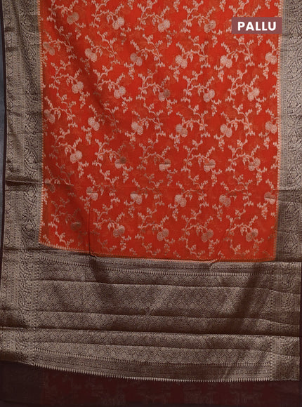 Semi chiniya silk saree orange and brown with allover thread & zari weaves and woven border