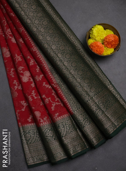 Semi chiniya silk saree red and bottle green with allover thread & zari weaves and woven border