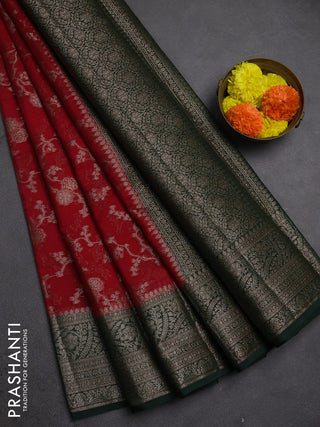 Semi chiniya silk saree red and bottle green with allover thread & zari weaves and woven border