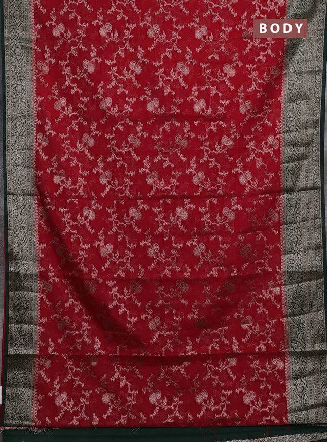 Semi chiniya silk saree red and bottle green with allover thread & zari weaves and woven border