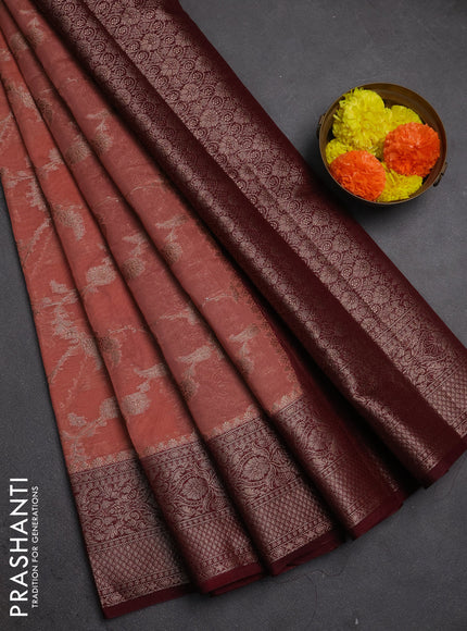 Semi chiniya silk saree dark peach and wine shade with allover thread & zari weaves and woven border