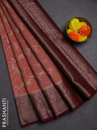 Semi chiniya silk saree dark peach and wine shade with allover thread & zari weaves and woven border