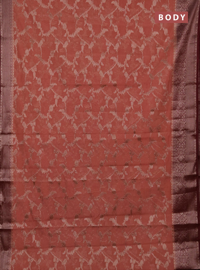 Semi chiniya silk saree dark peach and wine shade with allover thread & zari weaves and woven border