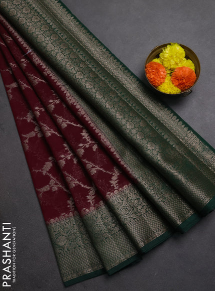 Semi chiniya silk saree deep maroon and green with allover thread & zari weaves and woven border