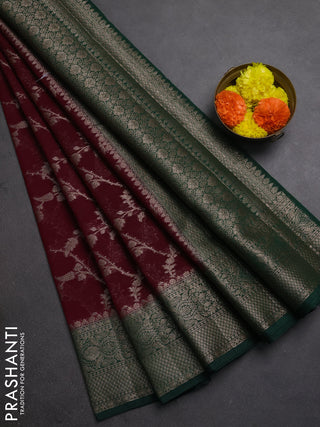 Semi chiniya silk saree deep maroon and green with allover thread & zari weaves and woven border