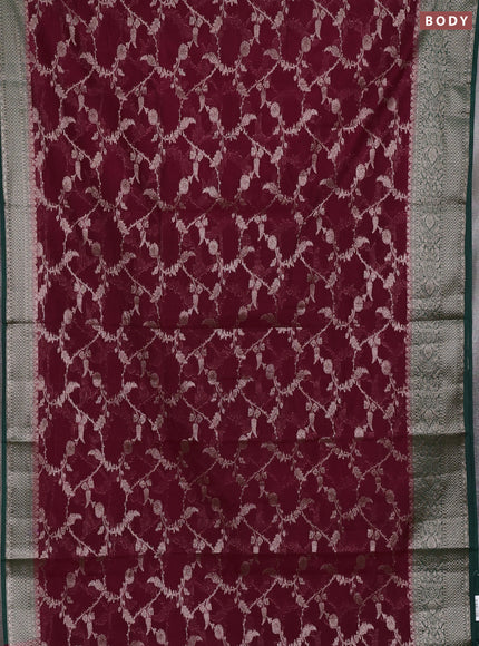 Semi chiniya silk saree deep maroon and green with allover thread & zari weaves and woven border