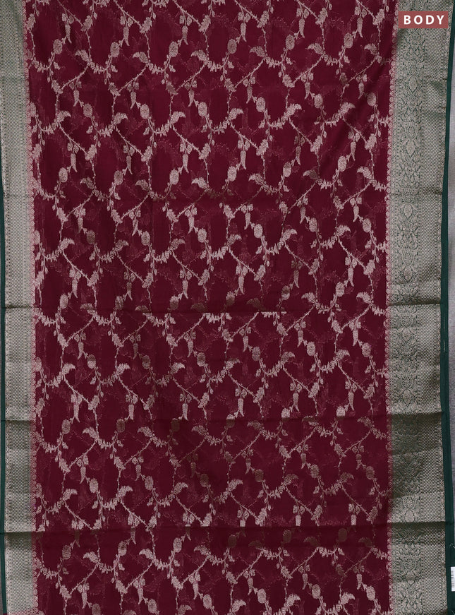 Semi chiniya silk saree deep maroon and green with allover thread & zari weaves and woven border