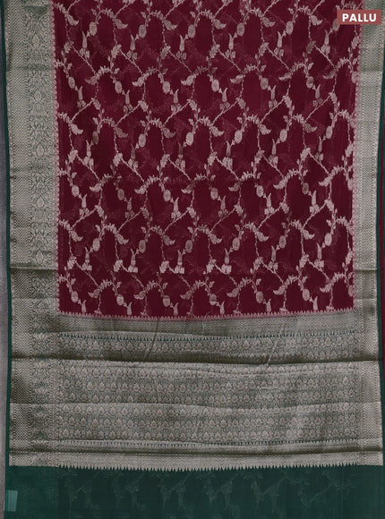Semi chiniya silk saree deep maroon and green with allover thread & zari weaves and woven border