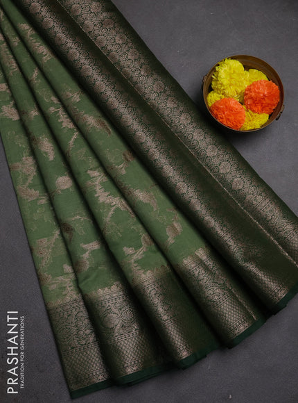 Semi chiniya silk saree pastel green and bottle green with allover thread & zari weaves and woven border