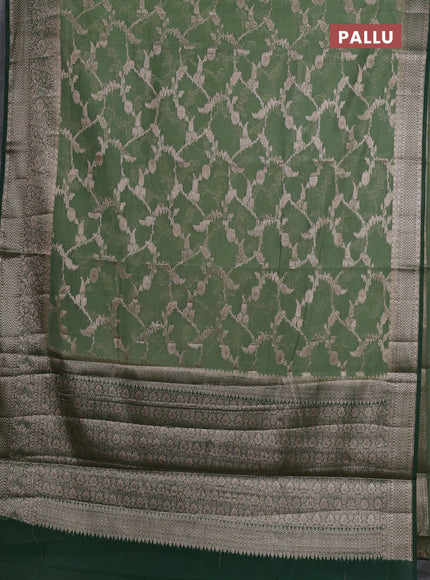 Semi chiniya silk saree pastel green and bottle green with allover thread & zari weaves and woven border