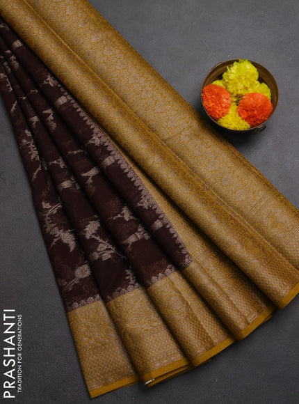 Semi chiniya silk saree coffee brown and dark mustard with allover thread & zari weaves and woven border