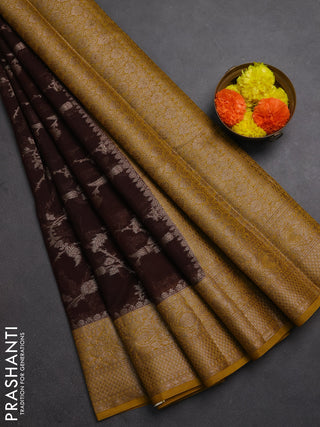 Semi chiniya silk saree coffee brown and dark mustard with allover thread & zari weaves and woven border
