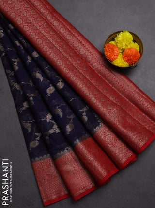 Semi chiniya silk saree dark blue and red with allover thread & zari weaves and woven border