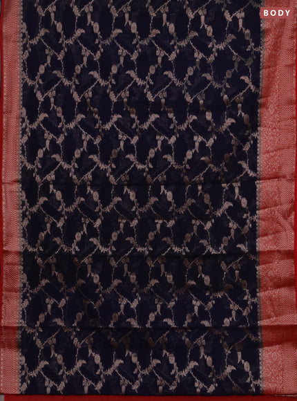 Semi chiniya silk saree dark blue and red with allover thread & zari weaves and woven border