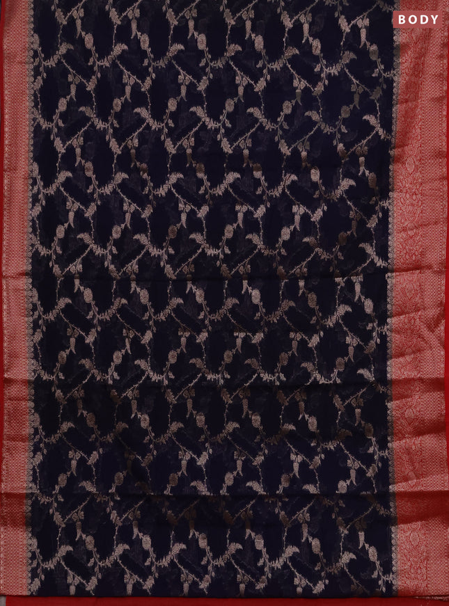 Semi chiniya silk saree dark blue and red with allover thread & zari weaves and woven border