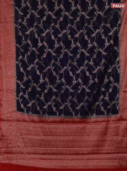 Semi chiniya silk saree dark blue and red with allover thread & zari weaves and woven border