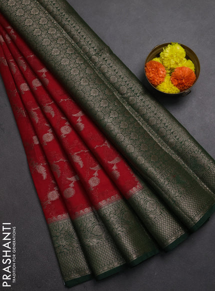 Semi chiniya silk saree red and bottle green with allover thread & zari weaves and woven border