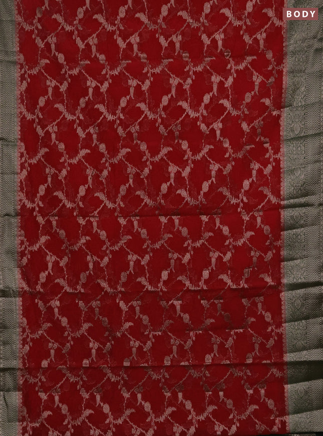 Semi chiniya silk saree red and bottle green with allover thread & zari weaves and woven border