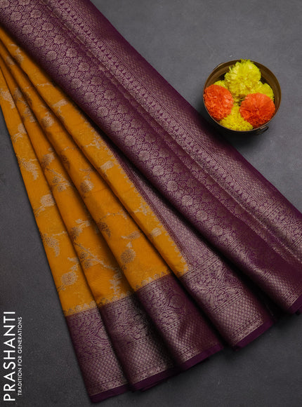 Semi chiniya silk saree mustard yellow and purple with allover thread & zari weaves and woven border