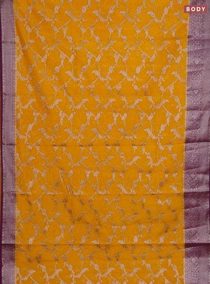 Semi chiniya silk saree mustard yellow and purple with allover thread & zari weaves and woven border