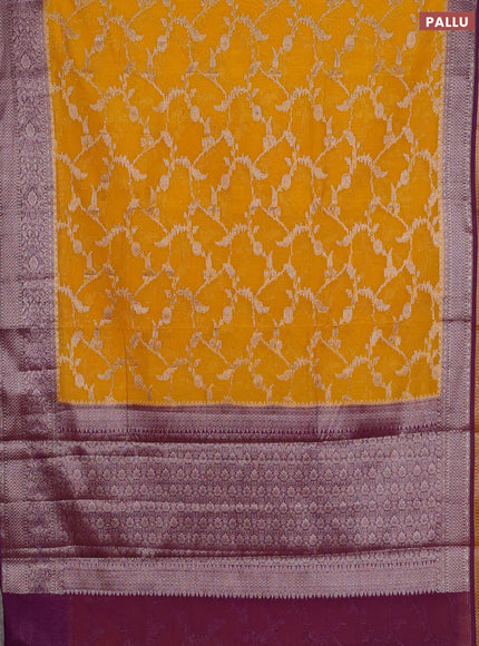 Semi chiniya silk saree mustard yellow and purple with allover thread & zari weaves and woven border