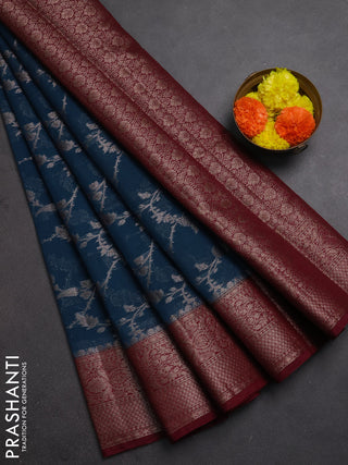 Semi chiniya silk saree peacock blue and wine shade with allover thread & zari weaves and woven border