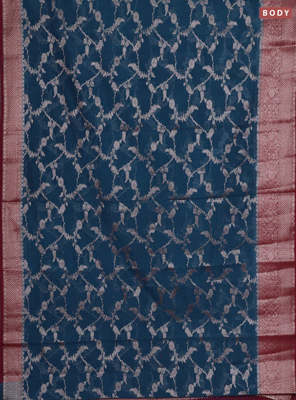 Semi chiniya silk saree peacock blue and wine shade with allover thread & zari weaves and woven border