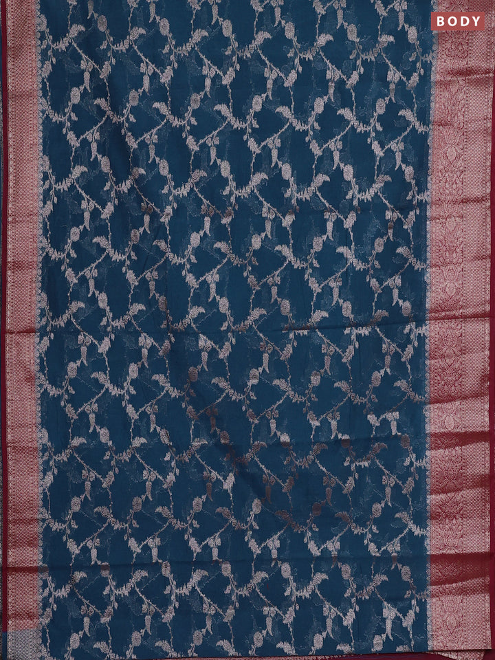 Semi chiniya silk saree peacock blue and wine shade with allover thread & zari weaves and woven border