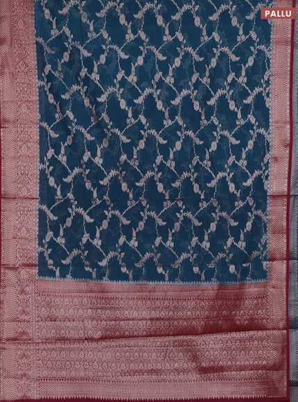 Semi chiniya silk saree peacock blue and wine shade with allover thread & zari weaves and woven border