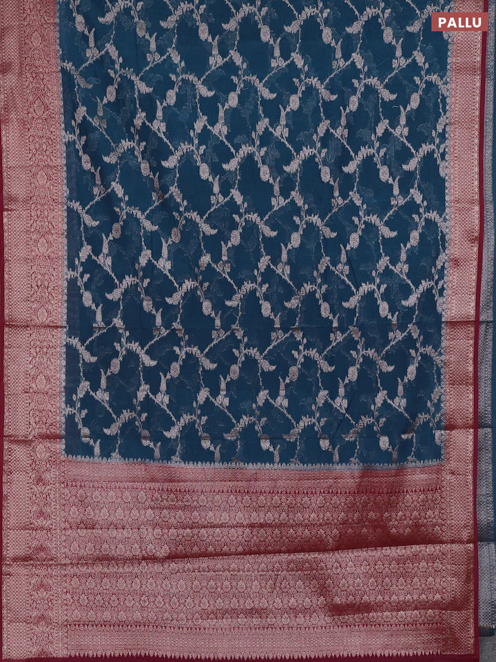 Semi chiniya silk saree peacock blue and wine shade with allover thread & zari weaves and woven border