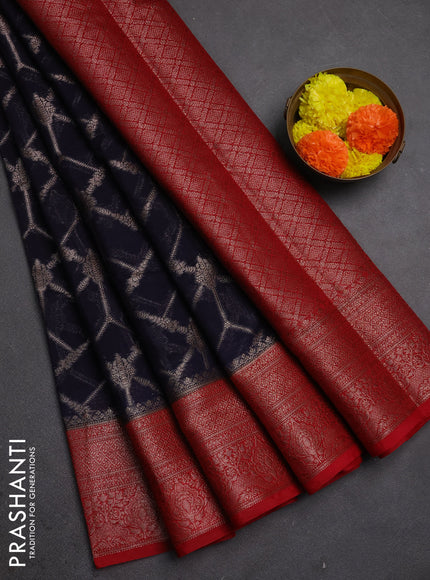 Semi chiniya silk saree navy blue and red with allover thread & zari weaves and woven border