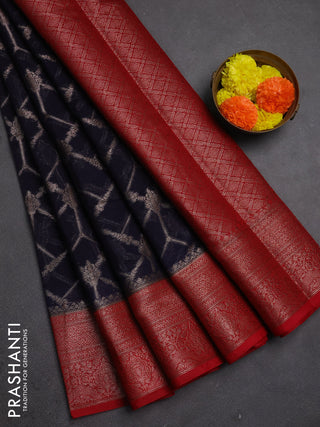 Semi chiniya silk saree navy blue and red with allover thread & zari weaves and woven border