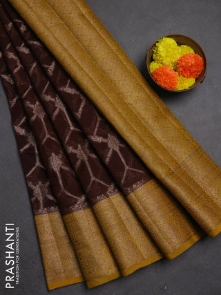 Semi chiniya silk saree coffee brown and dark mustard with allover thread & zari weaves and woven border