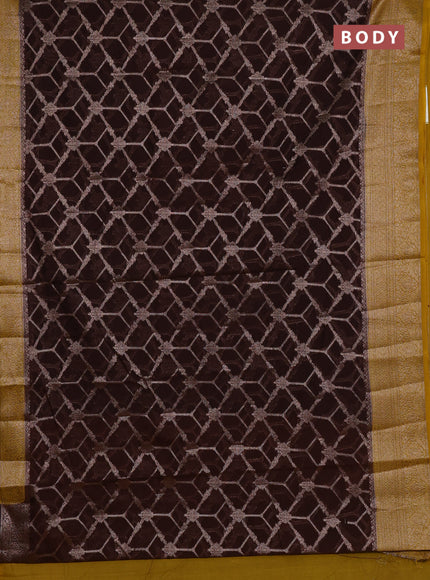 Semi chiniya silk saree coffee brown and dark mustard with allover thread & zari weaves and woven border