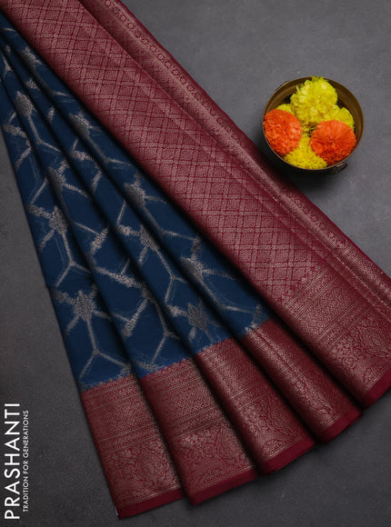 Semi chiniya silk saree peacock blue and wine shade with allover thread & zari weaves and woven border