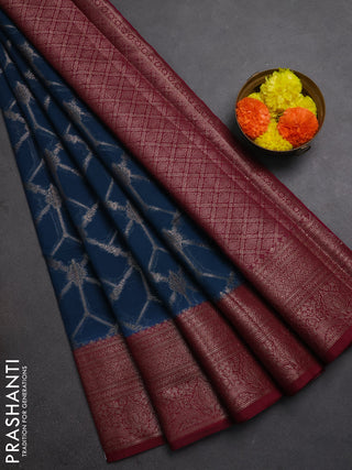 Semi chiniya silk saree peacock blue and wine shade with allover thread & zari weaves and woven border