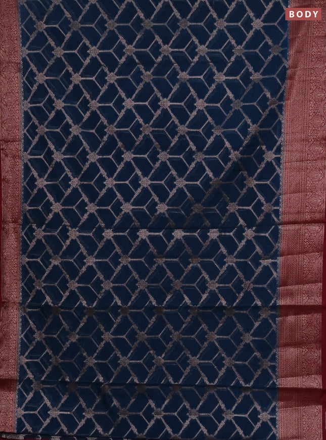 Semi chiniya silk saree peacock blue and wine shade with allover thread & zari weaves and woven border