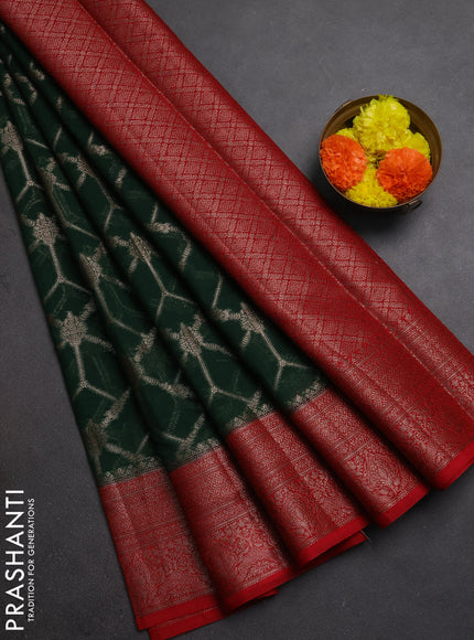 Semi chiniya silk saree bottle green and red with allover thread & zari weaves and woven border