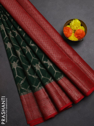 Semi chiniya silk saree bottle green and red with allover thread & zari weaves and woven border