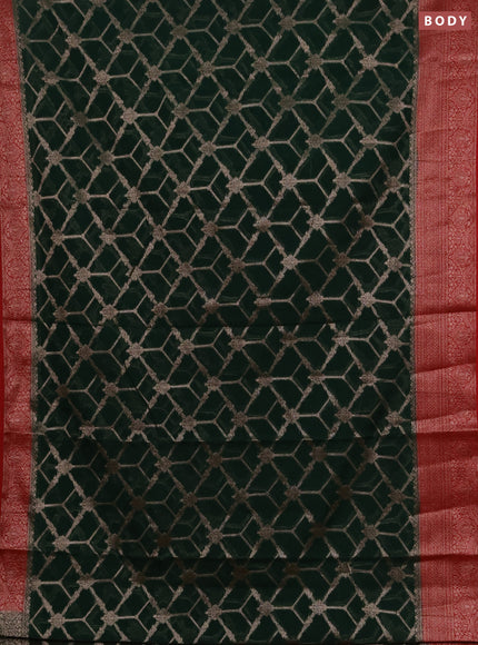 Semi chiniya silk saree bottle green and red with allover thread & zari weaves and woven border