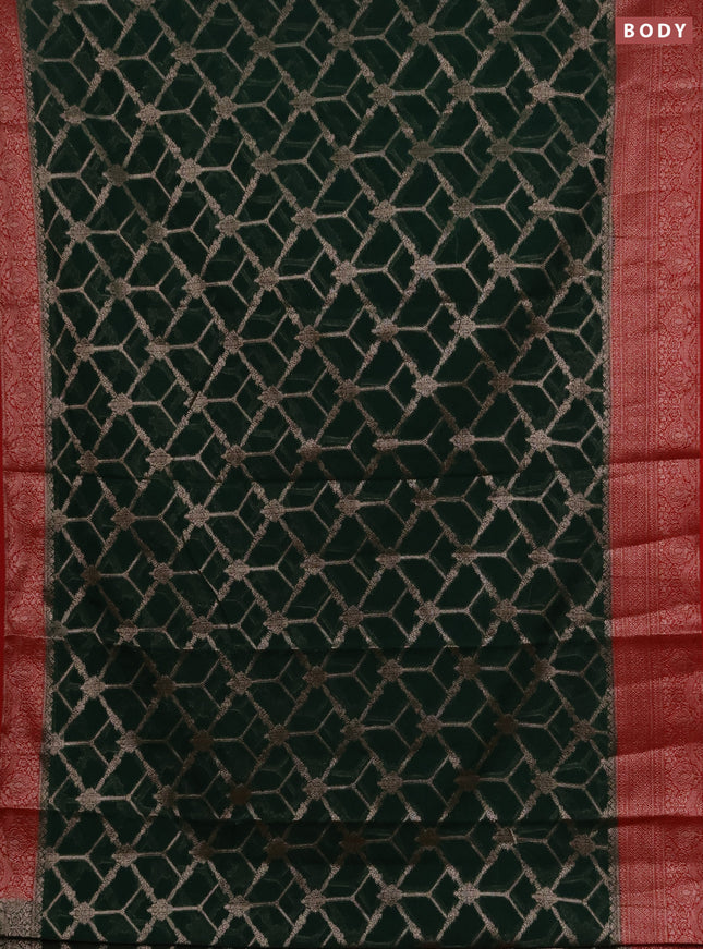 Semi chiniya silk saree bottle green and red with allover thread & zari weaves and woven border