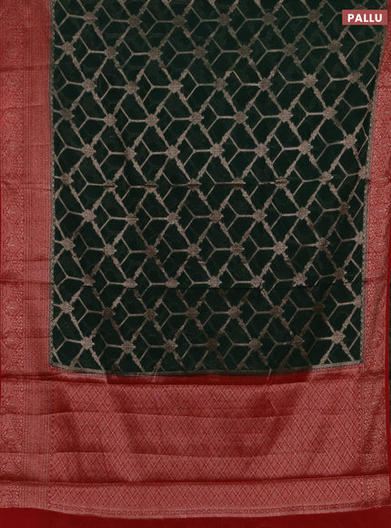 Semi chiniya silk saree bottle green and red with allover thread & zari weaves and woven border