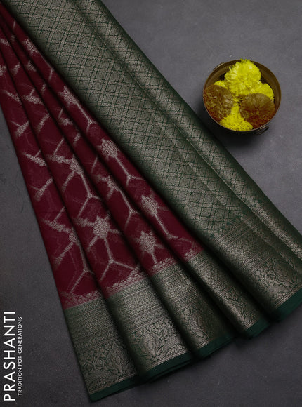 Semi chiniya silk saree wine shade and bottle green with allover thread & zari weaves and woven border
