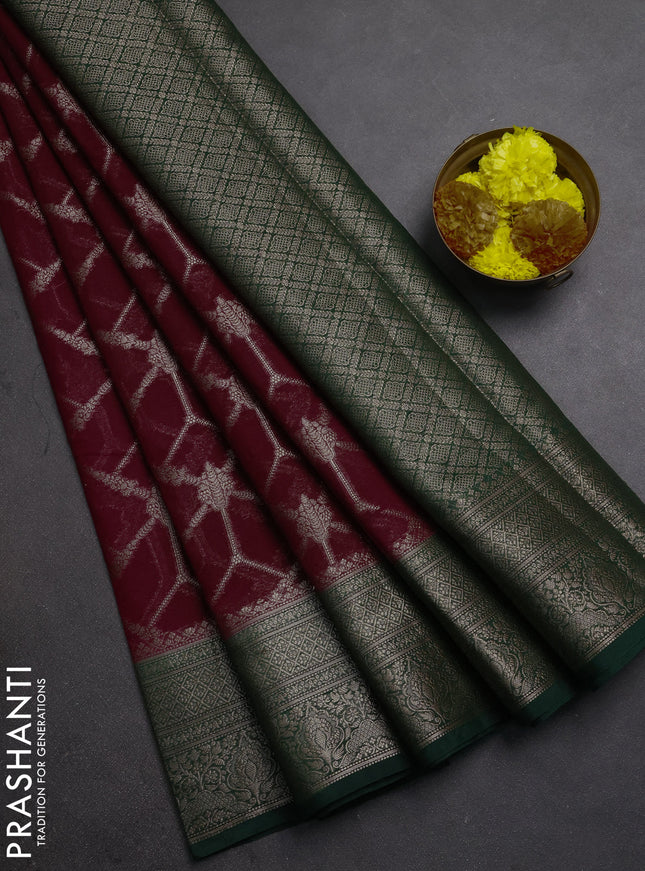 Semi chiniya silk saree wine shade and bottle green with allover thread & zari weaves and woven border