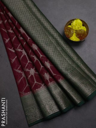 Semi chiniya silk saree wine shade and bottle green with allover thread & zari weaves and woven border