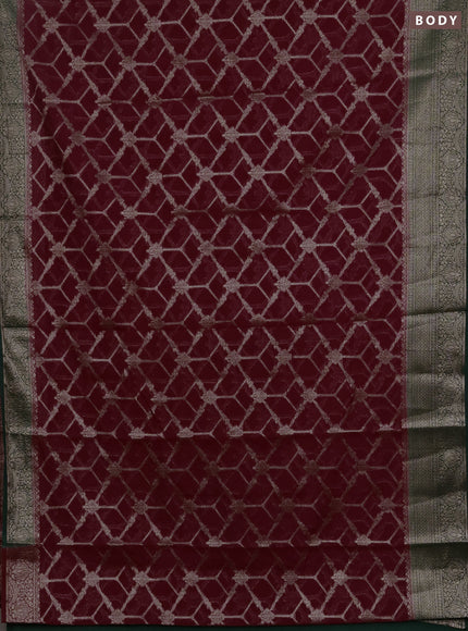 Semi chiniya silk saree wine shade and bottle green with allover thread & zari weaves and woven border