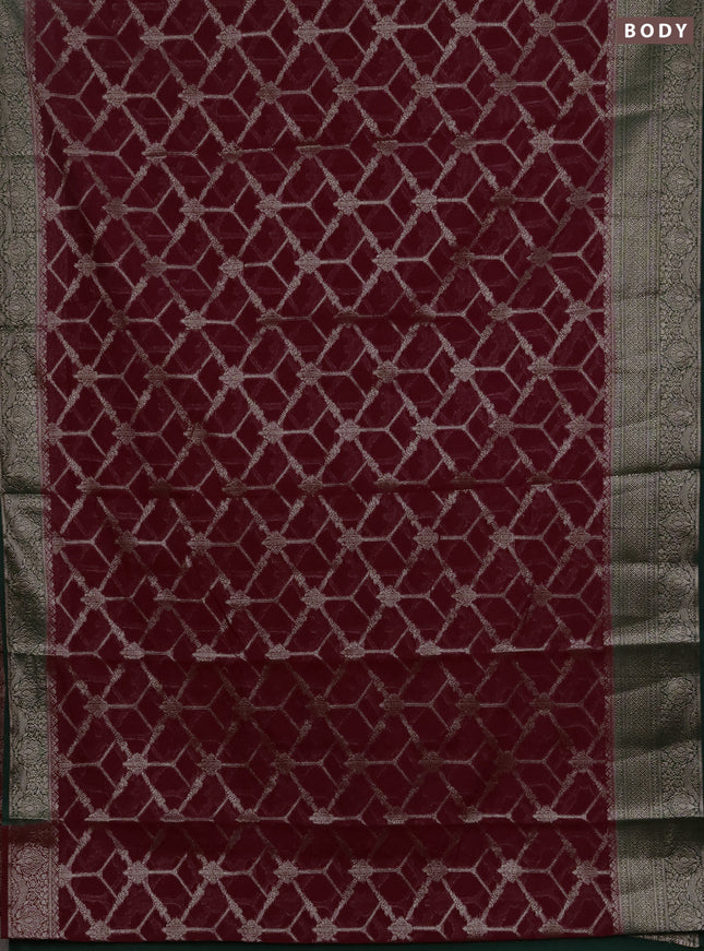 Semi chiniya silk saree wine shade and bottle green with allover thread & zari weaves and woven border