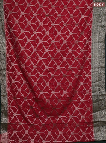 Semi chiniya silk saree red and bottle green with allover thread & zari weaves and woven border
